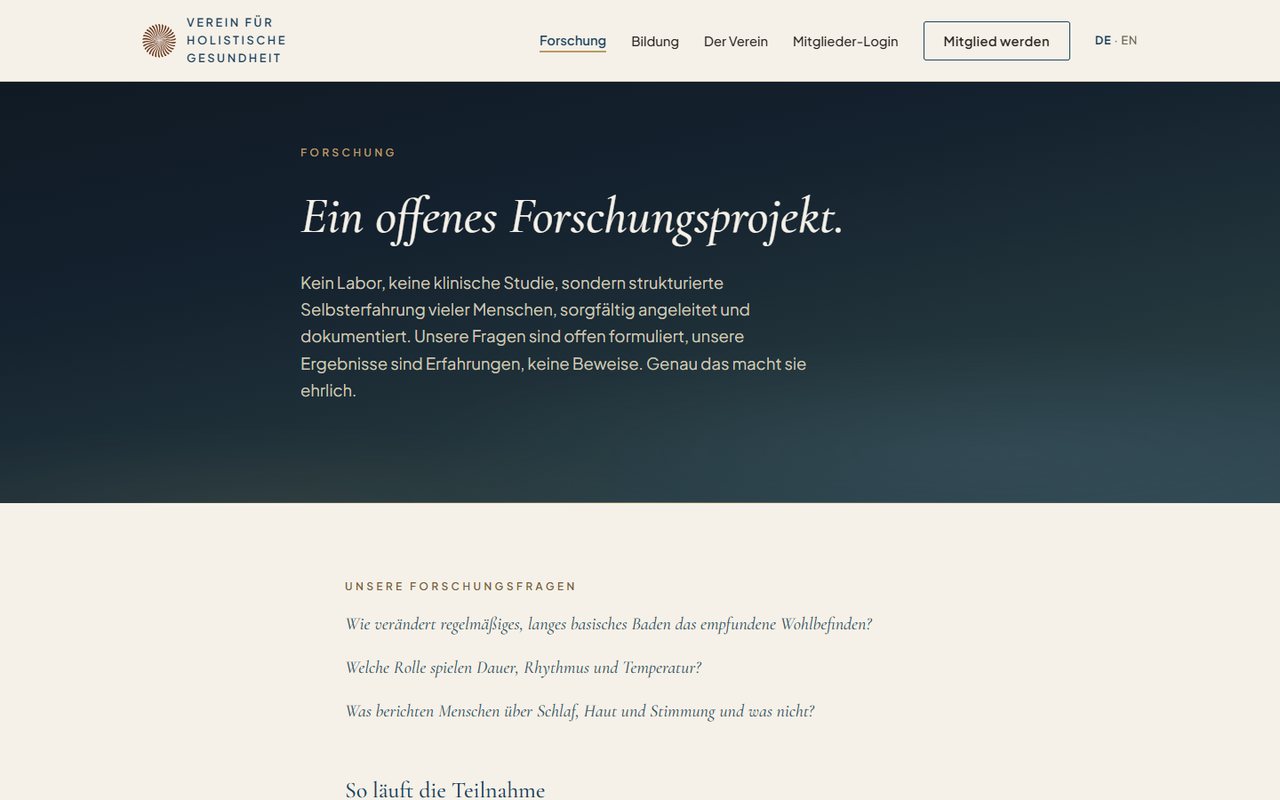 Website of the Verein für holistische Gesundheit — the research project page