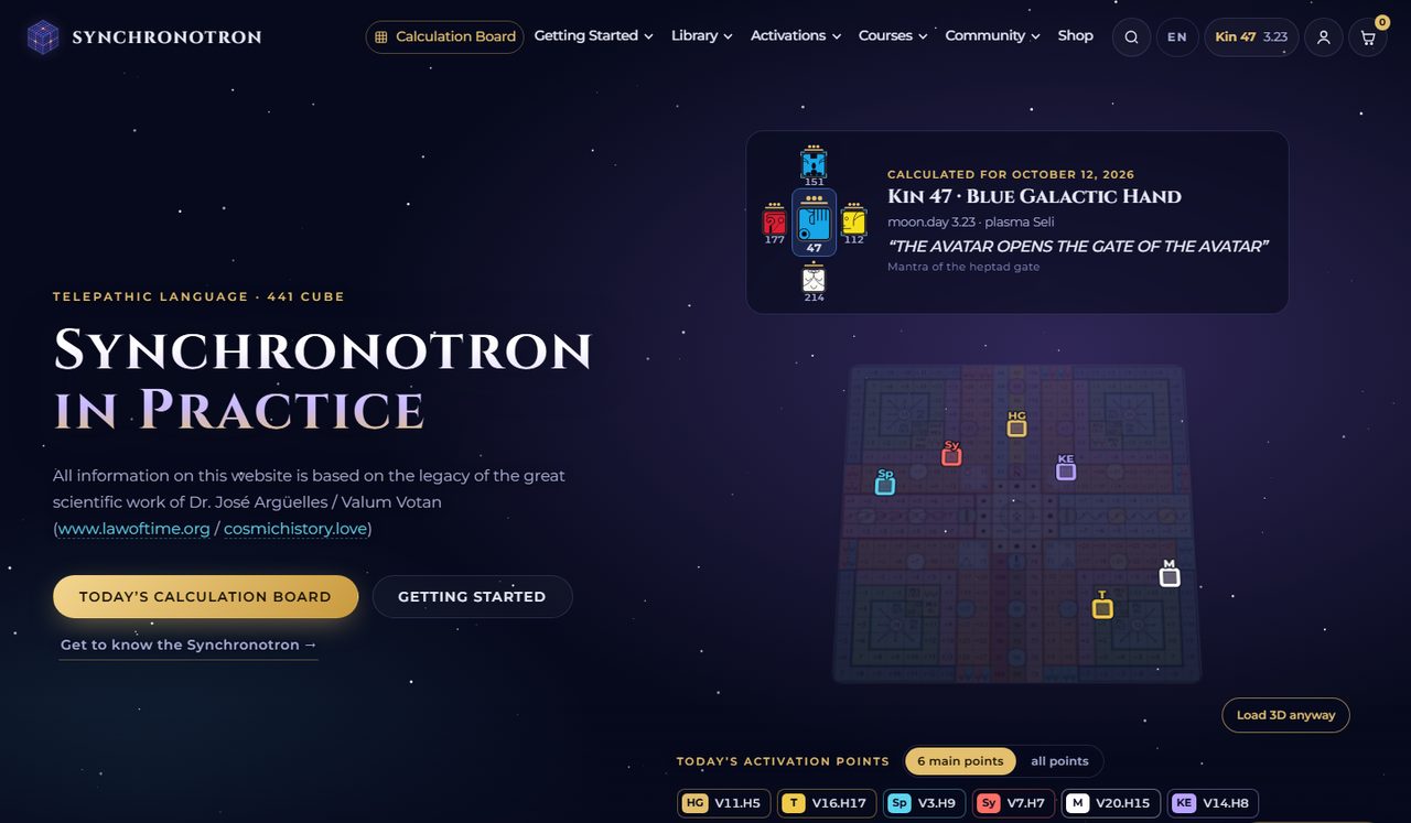 Synchronotron homepage with the 441-tile matrix hero